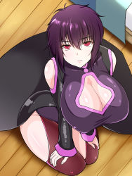  10s 1girl bare_shoulders breasts cleavage cleavage_cutout clothing_cutout cululi female_focus from_above full_body highres huge_breasts kneeling liebert long_skirt looking_at_viewer majin_bone purple_hair red_eyes short_hair skirt solo thighs 