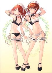  2girls :3 absurdres alternate_costume arm_up ass back bare_shoulders bikini black_bikini black_bow black_bowtie black_footwear blush bow bowtie breasts bridal_garter brown_eyes brown_hair butt_crack closed_mouth detached_collar embarrassed enmaided flower from_behind full_body gluteal_fold gradient_background hair_between_eyes hair_bow hair_ornament highres kneepits legs lips long_hair looking_at_viewer looking_back maid maid_bikini maid_headdress medium_hair misaka_mikoto multiple_girls navel parted_bangs raika9 ribbon shiny_skin shirai_kuroko shoes simple_background small_breasts smile stomach swimsuit thighhighs thighs toaru_kagaku_no_railgun toaru_majutsu_no_index twintails unconventional_maid wavy_hair wavy_mouth white_bow wrist_cuffs 
