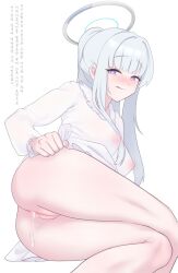  1girl :q absurdres ass blue_archive blush breasts cchiii cleft_of_venus closed_mouth clothes_lift covered_erect_nipples cum cum_in_pussy cumdrip dress dress_lift grey_hair halo highres korean_text long_hair long_sleeves looking_at_viewer medium_breasts noa_(blue_archive) purple_eyes pussy simple_background smile solo tongue tongue_out translation_request uncensored white_background white_dress 