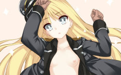  1girl 797 alice_soft bad_id bad_pixiv_id blonde_hair blue_eyes breasts collarbone daiteikoku flat_chest gloves hat long_hair military military_uniform nazi nipples open_clothes open_shirt peaked_cap retia_adolf shirt solo sparkle uniform 