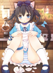 1girl :&lt; accident animal_collar animal_ears apron bag bare_legs black_hair blue_eyes blue_footwear blush bow broken_cup cameltoe cat_ears cat_tail coffee_maker collar cup frilled_apron frills hair_bow hair_ribbon hairband hands_on_own_knees highres indoors knees_up light_bulb loli looking_at_viewer maid mary_janes miniskirt on_floor original panties pantyshot puffy_short_sleeves puffy_sleeves ribbon sakuraba_hikaru_(loveindog) shoes short_hair short_sleeves sitting skirt socks solo striped_clothes striped_panties tail tail_bow tail_ornament triangle_mouth twintails underwear white_socks wrist_cuffs wrist_ribbon rating:Questionable score:72 user:danbooru