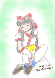  1girl absurdres ainu_clothes artist_name black_hair breasts closed_eyes dated fingerless_gloves gloves highres legs nakoruru pants samurai_spirits sitting sleeping small_breasts smile snk the_king_of_fighters thighs 