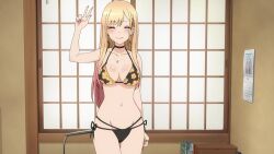  1girl animated anime_screenshot ass backboob bare_shoulders barefoot bikini black_choker blonde_hair blush bouncing_breasts breasts choker cleavage collarbone ear_piercing earrings feet female_focus highres indoors interior jewelry jiggle kitagawa_marin large_breasts long_hair looking_at_viewer navel necklace open_clothes open_mouth open_shirt piercing red_eyes screencap shirt sitting soles solo sono_bisque_doll_wa_koi_wo_suru sound swimsuit teeth thighs toes undressing video  rating:Sensitive score:282 user:Groveman
