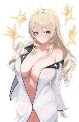  1girl :o blonde_hair blue_eyes blush breasts buff_bard cleavage crown_(naked_king)_(nikke) crown_(nikke) diadem disembodied_hand drill_hair goddess_of_victory:_nikke hair_ornament headgear large_breasts long_hair midriff navel open_clothes open_shirt parted_lips shirt solo thumbs_up white_shirt  rating:Sensitive score:29 user:Leksa