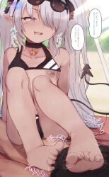  1girl barefoot bikini bikini_top_lift blue_archive clothes_lift demon_tail feet footjob grey_hair hair_over_one_eye highres iori_(blue_archive) iori_(swimsuit)_(blue_archive) light_blush long_hair open_mouth pointy_ears red_eyes shinonomemayoyo soles sunglasses_on_head swimsuit tail toes tongue tongue_out translated twintails 