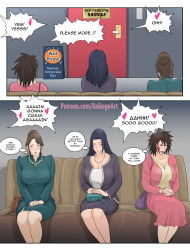 3girls absurdres blue_hair blush breasts brown_hair cheating_(relationship) couch dark_blue_hair dress embarrassed english_text facial_mark formal fucked_silly hair_bun hands_on_lap highres ino&#039;s_mother inuzuka_tsume jewelry large_breasts legs lipstick long_sleeves makeup mature_female multiple_girls nail_polish naruto naruto_(series) necklace netorare pearl_necklace raikageart sex single_hair_bun sitting uchiha_mikoto rating:Explicit score:303 user:animeboy12