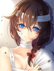 1girl absurdres bandaged_head bandaged_neck bandages bandaid bandaid_on_cheek bandaid_on_face blue_eyes bow braid brown_hair commentary_request hair_between_eyes hair_bow hair_flaps highres injury kantai_collection long_hair nayutaro_(awasete0) portrait shigure_(kancolle) shigure_kai_ni_(kancolle) solo rating:Questionable score:5 user:danbooru