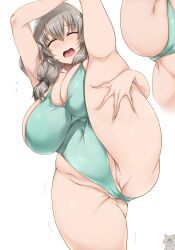  1girl ass breasts cameltoe cat cleavage cleft_of_venus closed_eyes dot_nose facing_viewer female_focus green_leotard highres large_breasts leg_up leotard mature_female motion_lines open_mouth shiny_skin solo thick_thighs thighs tsukasawa_takamatsu uzaki-chan_wa_asobitai! uzaki_tsuki white_background wide_hips 