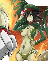 1girl :d black_hair breasts bright_pupils cleavage core_crystal_(xenoblade) dated fire glasses green_panties green_skirt grin hand_on_own_hip hat highres hisin large_breasts navel newt_(xenoblade) open_mouth panties peaked_cap red_eyes revealing_clothes round_eyewear short_hair shrug_(clothing) signature skirt smile solo stomach teeth underwear v_arms white_pupils xenoblade_chronicles_(series) xenoblade_chronicles_2 