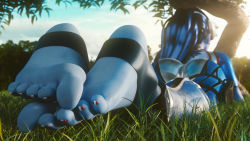  1girl ass barefoot blue_skin cloud colored_skin feet grass long_hair lying nail_polish no_shoes on_stomach outdoors overwatch overwatch_1 sky soles solo toeless_legwear toes tree widowmaker_(overwatch)  rating:Sensitive score:37 user:sexysexyz