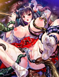  black_hair blush breasts breasts_out grabbing grabbing_another&#039;s_breast hair_ornament hakama highres japanese_clothes katana kimono large_breasts long_hair miko nipple_stimulation nipples open_clothes open_kimono original panties pussy_juice red_eyes slime_(substance) spread_legs sword tabi tearing_up tentacle_pit tentacles tentacles_under_clothes underwear weapon wet wet_clothes wet_panties zurumu_ken 