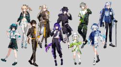  5boys 5girls alhaitham_(genshin_impact) alternate_costume asymmetrical_bangs black_gloves black_hair blonde_hair blue_eyes blue_hair blue_hat blunt_ends braid breasts brown_hair cane claw_ring commentary cross-shaped_pupils drop-shaped_pupils earrings english_commentary furina_(genshin_impact) genshin_impact gloves gradient_hair grape_(pixiv27523889) green_eyes green_hat grey_background grey_hair hair_between_eyes hair_ornament hair_over_one_eye hair_stick hairpin hat heterochromia highres holding holding_cane jacket jean_(genshin_impact) jewelry large_breasts light_blue_hair long_hair long_sleeves looking_at_viewer low-braided_long_hair low-tied_long_hair midriff multicolored_hair multiple_boys multiple_girls nahida_(genshin_impact) neuvillette_(genshin_impact) ningguang_(genshin_impact) open_mouth pants parted_bangs pointy_ears ponytail purple_eyes purple_hair purple_nails raiden_shogun scaramouche_(genshin_impact) shirt short_hair short_hair_with_long_locks shorts sidelocks single_earring smile streetwear symbol-shaped_pupils tassel tassel_earrings tassel_hair_ornament twin_braids venti_(genshin_impact) very_long_hair white_hair yellow_eyes zhongli_(genshin_impact) 
