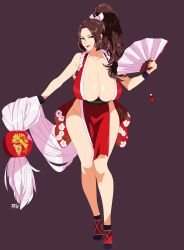 1girl bare_legs bare_shoulders breasts brown_eyes brown_hair chinese_commentary cleavage commentary curvy fatal_fury floral_print full_body hand_fan high_ponytail highres holding holding_fan huge_breasts japanese_clothes kimono leaning_forward lips lipstick long_hair makeup nail_polish ninja no_bra obi parted_bangs pelvic_curtain ponytail purple_background r3dfive red_kimono red_lips revealing_clothes sash shiny_skin shiranui_mai sleeveless sleeveless_kimono smile solo tabi the_king_of_fighters thick_thighs thighs wide_hips rating:Questionable score:63 user:HomeStruck