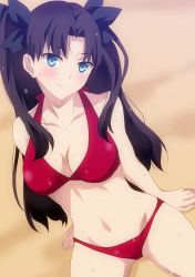  1girl arms_at_sides arms_behind_back bare_arms beach bikini black_hair blue_eyes breasts cleavage collarbone fate/stay_night fate_(series) hair_ribbon hara_(harayutaka) highres looking_at_viewer medium_breasts navel red_bikini ribbon sitting smile solo stomach sweat swimsuit thighhighs thighs tohsaka_rin twintails unlimited_blade_works_(fate)  rating:Sensitive score:157 user:BiggestGuyUUUU
