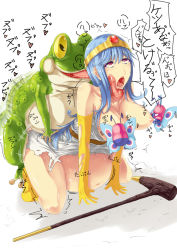  1girl afterimage all_fours anal antennae batterfly bestiality blue_hair blush bonsuke boots breast_sucking breasts chunsoft circlet creature doggystyle double_breast_sucking dragon_quest dragon_quest_iii elbow_gloves enix female_focus frog frogger_(dragon_quest) fucked_silly gloves group_sex heart inflation interspecies kneeling large_breasts licking long_hair long_tongue monster open_mouth red_eyes rolling_eyes sage_(dq3) saliva sex sex_from_behind simple_background speech_bubble spoken_heart staff stomach_bulge sweat text_focus tiara tongue tongue_out torn_clothes torogao torso_grab translated trembling white_background 