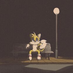  1boy animated animated_gif arm_rest bench bench_tails_(meme) blue_eyes commentary film_grain furry furry_male gloves lamppost looping_animation male_focus meme multiple_tails night sitting smile solo sonic_(series) souldroids tail tails_(sonic) white_gloves  rating:General score:12 user:danbooru