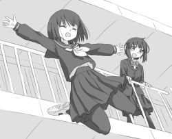  2girls :o ^_^ arm_support blazer blouse blush bob_cut bow bowtie closed_eyes dutch_angle facing_viewer floating_hair from_below full_body greyscale hand_on_railing happy high-waist_skirt jacket jumping leaning_forward legs_apart legs_up looking_down midriff_peek miniskirt monochrome multiple_girls neckerchief open_hands open_mouth original outstretched_arms pantyhose pleated_skirt railing rooftop sailor_collar school_uniform serafuku shirt shoe_soles shoes short_hair skirt smile spread_arms standing straight_hair suicide surprised uwabaki yuyuzuki_(yume_usagi)  rating:Sensitive score:23 user:danbooru