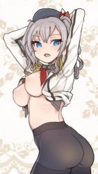 10s 1girl arms_up ass bad_id bad_twitter_id black_pantyhose blue_eyes breasts cowboy_shot epaulettes fang hat kantai_collection kashima_(kancolle) large_breasts long_sleeves looking_at_viewer nago_purin navel nipples no_bra open_clothes open_mouth pantyhose ribs silver_hair solo thighband_pantyhose twintails twisted_torso rating:Questionable score:39 user:danbooru