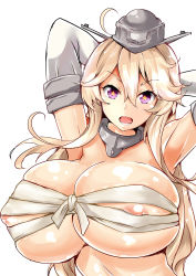 10s 1girl absurdres areola_slip arms_up blonde_hair breasts budget_sarashi bursting_breasts eyebrows gloves highres huge_breasts iowa_(kancolle) kantai_collection long_hair looking_at_viewer open_mouth purple_eyes sankakusui sarashi simple_background solo star-shaped_pupils star_(symbol) symbol-shaped_pupils upper_body very_long_hair white_background rating:Questionable score:43 user:danbooru