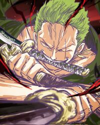  1boy aura close-up commentary_request earrings green_hair grin highres holding holding_sword holding_weapon incoming_attack jewelry komastep55 looking_at_viewer male_focus one_piece roronoa_zoro scar scar_across_eye short_hair sideburns smile solo sword twitter_username v-shaped_eyebrows weapon weapon_in_mouth 