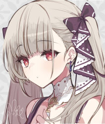  1girl azur_lane bare_shoulders bow bright_pupils close-up closed_mouth commentary_request earrings expressionless formidable_(azur_lane) grey_background grey_hair haiba_09 hair_behind_ear hair_bow jewelry long_hair looking_at_viewer partial_commentary portrait purple_bow red_eyes signature solo twintails white_pupils 