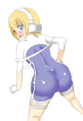  1boy aoi_jun ass blonde_hair blue_eyes blush bodysuit cuilan embarrassed from_behind gloves headgear highres huge_ass long_sleeves looking_at_viewer looking_back male_focus open_mouth senkou_no_ronde shiny_clothes shiny_skin short_hair simple_background skin_tight solo thigh_strap tight_clothes trap white_background white_footwear 