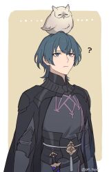  ... 1boy ? animal animal_on_head armor bird bird_on_head black_armor black_cape blue_eyes blue_hair byleth_(fire_emblem) byleth_(male)_(fire_emblem) cape closed_mouth commentary feh_(fire_emblem_heroes) fire_emblem fire_emblem:_three_houses fire_emblem_heroes hair_between_eyes highres looking_at_another looking_up male_focus nintendo on_head owl short_hair symbol-only_commentary twitter_username un_tapoi 