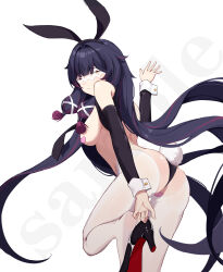 1girl absurdres alternate_costume animal_ears black_hair black_sleeves blunt_bangs breasts c-string closed_eyes closed_mouth columbina_(genshin_impact) detached_sleeves facing_to_the_side foot_out_of_frame from_behind from_side genshin_impact heart_pasties high_heels highres kazezz long_hair medium_breasts pasties putting_on_shoes rabbit_ears rabbit_tail sidelocks simple_background sleeve_cuffs solo strapless_bottom tail thighhighs very_long_hair white_background white_thighhighs