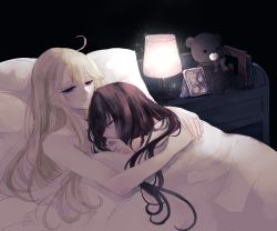 2girls bare_shoulders bed blanket blonde_hair book brown_hair closed_mouth commentary_request cuddling female_focus hair_between_eyes highres iowa_(kancolle) jewelry kantai_collection lamp long_hair multiple_girls photo_(object) pillow ring sleeping smile stuffed_animal stuffed_toy teddy_bear under_covers wedding_band wife_and_wife yamato_(kancolle) yuri rating:Sensitive score:27 user:danbooru