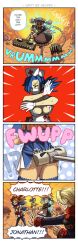 !? 1boy 3girls 4koma ascot ass bent_over blonde_hair bloody_marie_(skullgirls) blue_hair blue_legwear blush book breasts brown_hair capelet castlevania_(series) castlevania:_portrait_of_ruin charlotte_aulin cleavage comic covering_privates crossover dress emlan emphasis_lines english_text eyepatch closed_eyes gloves hair_ornament hair_over_one_eye hat highres jonathan_morris konami large_breasts long_hair maid maid_headdress mask mouth_mask multiple_girls nurse nurse_cap open_mouth parody paw_pose ponytail red_eyes shoes short_dress short_hair skull skull_hair_ornament skullgirls surgical_mask surprised thighhighs twintails vacuum_cleaner valentine_(skullgirls) white_gloves white_hair rating:Sensitive score:46 user:BlueBaroness