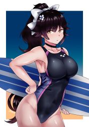 1girl artist_name azur_lane black_hair bow breasts competition_swimsuit covered_navel drawfagmona hair_bow hair_flaps highleg highleg_swimsuit highres large_breasts long_hair looking_at_viewer one-piece_swimsuit ponytail school_swimsuit sideboob solo surfboard swimsuit takao_(azur_lane) taut_clothes taut_swimsuit white_bow rating:Sensitive score:26 user:danbooru