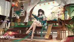  1girl aqua_nails architecture bamboo_scroll barefoot bird black_hair blurry book book_stack breasts calligraphy_brush chair china_dress chinese_clothes cleavage crossed_legs cup curtains depth_of_field dress east_asian_architecture full_body gloves green_eyes hair_between_eyes hair_ornament highres holding holding_instrument honkai:_star_rail honkai_(series) huge_breasts indoors instrument lantern large_breasts lattice long_hair looking_at_viewer music nail_polish paintbrush pantyhose plant playing_instrument ruan ruan_mei_(honkai:_star_rail) scenery shelf shoe_dangle sitting smile solo table teacup teapot thigh_strap toenail_polish toenails v-von vase window wooden_floor 