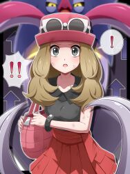 ! !! 1girl :o absurdres arrow_(symbol) bag blonde_hair blurry blurry_background bracelet breasts collared_shirt commentary_request creatures_(company) game_freak gen_6_pokemon grey_eyes handbag hat highres jewelry long_hair looking_at_viewer malamar nintendo pink_bag pink_hat pleated_skirt pokemon pokemon_(creature) pokemon_xy red_skirt serena_(pokemon) shabana_may shirt skirt spoken_exclamation_mark sunglasses sweat white-framed_eyewear 