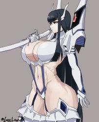  1girl absurdres artist_name bakuzan black_hair blue_eyes breasts cleavage geelawjik highres junketsu kill_la_kill kiryuuin_satsuki large_breasts long_hair navel solo stomach sword thick_thighs thighs weapon  rating:Questionable score:51 user:JustHere4Butts