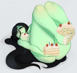 1girl barefoot between_toes black_hair blue_eyes breasts cake colored_skin feet food green_skin highres large_breasts long_hair looking_at_viewer lying mole monster_girl nail_polish nina_(scathegrapes) nude orc parted_lips soles spicy_bardo spread_toes toes rating:Questionable score:88 user:ssfl