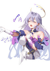  1girl absurdres breasts choker closed_eyes collect2233 commentary cropped_torso dated detached_sleeves dress facial_mark gloves grey_hair hair_intakes hand_on_own_chest highres honkai:_star_rail honkai_(series) large_breasts long_hair open_mouth purple_choker robin_(honkai:_star_rail) short_sleeves simple_background solo strapless strapless_dress upper_body very_long_hair white_background white_dress white_gloves 