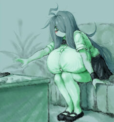  1girl 2b-ge blush breasts couch female_focus gigantic_breasts green_theme grey_background grey_hair hair_over_one_eye legs long_hair mei_(2b-ge) messy_hair motion_lines original plant school_uniform sitting solo spot_color thick_thighs thighs 