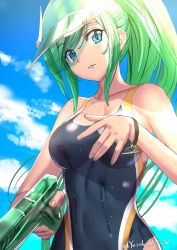  adachi_yousuke artemis_(p&amp;d) blue_eyes breasts green_hair highres medium_breasts ponytail puzzle_&amp;_dragons swimsuit 