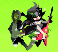  00s 1boy 1girl ace_(ppg) age_difference black_hair buttercup_(ppg) cartoon_network couple electric_guitar fusionfall glasses green_background green_theme guitar hetero instrument jacket mintchoco_(mmn2) powerpuff_girls short_hair skirt sunglasses thighhighs 