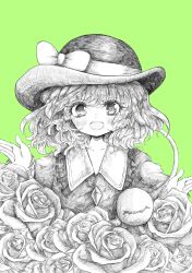 1girl absurdres black_hat blush bow buttons commentary diamond_button eyelashes flower frilled_shirt_collar frills green_background hair_between_eyes hands_up hat hat_bow highres kanikuiri_gumi koishi_day komeiji_koishi looking_at_viewer medium_hair monochrome open_hands open_mouth rose shirt simple_background smile solo straight-on tareme teeth third_eye touhou upper_body upper_teeth_only wavy_hair 
