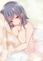 10s 1boy 1girl bare_arms bare_legs bare_shoulders barefoot bathing bathtub black_hair breasts commentary_request ging1993 head_out_of_frame hetero hug kantai_collection kneeling large_breasts mixed-sex_bathing nude red_eyes shared_bathing short_hair smile takao_(kancolle) water rating:Questionable score:23 user:danbooru