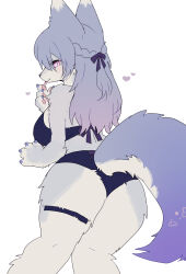  1girl animal_ears animal_hands black_bra black_panties blue_nails bra braid breasts closed_mouth commentary_request facing_back furry furry_female gradient_hair grey_hair hair_ribbon hand_up heart highres large_breasts licking_paw light_blush looking_back multicolored_fur multicolored_hair original panties pemi_(spommmm) pink_eyes ribbon slit_pupils solo tail thick_thighs thigh_strap thighs tongue tongue_out two-tone_fur two-tone_hair underwear white_background wolf_ears wolf_tail 