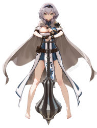  1girl barefoot belt braid breasts brown_belt brown_gloves cape cleavage cloak closed_mouth elden_ring fingerless_gloves full_body gloves green_eyes hair_between_eyes headpiece highres holding holding_weapon hololive large_breasts legs looking_at_viewer mace mole mole_on_breast shirogane_noel shirogane_noel_(1st_costume) short_hair siino silver_hair simple_background smile solo toes virtual_youtuber weapon white_background white_cape  rating:Sensitive score:23 user:danbooru