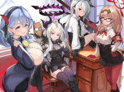  4girls :d ako_(blue_archive) alternate_skin_color arm_support armband armchair bell belt black_coat black_gloves black_necktie black_skirt blue_archive blue_eyes blue_hair blunt_bangs blurry bolt_action bow bowtie breasts brown_hair chair chinatsu_(blue_archive) coat coat_on_shoulders collared_shirt commentary_request crossed_legs demon_girl demon_horns demon_wings depth_of_field desk forehead fur-trimmed_coat fur_trim glasses gloves grey_hair gun hair_between_eyes hair_ornament hair_over_one_eye hair_ribbon hairband hairclip half_gloves halo head_rest head_tilt high-waist_skirt hina_(blue_archive) holding holding_gun holding_weapon horns indoors iori_(blue_archive) large_breasts long_hair long_sleeves looking_at_viewer mauser_98 medium_breasts military_uniform multiple_girls neck_bell necktie office office_chair open_clothes open_coat open_mouth pantyhose parted_bangs parted_lips pencil_skirt pleated_skirt pointy_ears prefect_team_(blue_archive) purple_eyes red_armband red_bow red_bowtie red_eyes red_gloves red_pantyhose ribbon rifle sam_browne_belt school_uniform shirt side_slit sideboob sidelocks sitting skirt small_breasts smile swivel_chair taba_comya uniform wavy_hair weapon white_hair white_shirt window wings yellow_eyes 