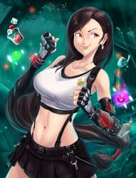  1girl absurdres belt black_belt black_hair black_skirt bracer breasts centaurhillzone clenched_hands closed_mouth cocktail_shaker collarbone commentary crop_top cup drink english_commentary final_fantasy final_fantasy_vii final_fantasy_vii_remake fingerless_gloves floating_hair gloves green_background hands_up highres ice ice_cube large_breasts long_hair low-tied_long_hair materia midriff miniskirt navel red_eyes skirt smile solo stomach suspender_skirt suspenders swept_bangs tank_top tifa_lockhart very_long_hair white_tank_top 