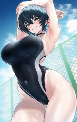  1girl armpits arms_behind_head arms_up bare_shoulders black_hair black_one-piece_swimsuit blue_eyes blush breasts choker competition_swimsuit covered_navel grin highleg highleg_swimsuit highres large_breasts looking_at_viewer one-piece_swimsuit original short_hair smile solo swimsuit thighs ulrich_(tagaragakuin)  rating:Sensitive score:15 user:danbooru
