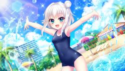  1girl :d beach beach_house beach_umbrella blue_eyes blue_sky breasts building cloud cloudy_sky covered_navel cowboy_shot day dot_nose dutch_angle film_grain food_stand game_cg hair_bun izumi_tsubasu lens_flare looking_at_viewer nishidate_haku non-circular_lens_flare non-web_source official_art open_mouth outdoors outstretched_arms palm_tree re:stage! recliner school_swimsuit short_hair sidelocks single_side_bun sky small_breasts smile solo sparkle splashing spread_arms surfboard swimsuit tree umbrella wading white_hair 
