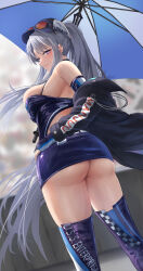  1girl ass azur_lane bare_shoulders blue_gloves blue_skirt blue_thighhighs blurry blurry_background blush breasts commentary_request enterprise_(azur_lane) enterprise_(wind_catcher)_(azur_lane) eyewear_on_head fingerless_gloves from_behind gloves grey_hair hat highres large_breasts looking_at_viewer looking_back off_shoulder official_alternate_costume ponytail purple_eyes sidelocks silver_bullet_(ecc12_8) skirt smile solo sunglasses thighhighs thighs umbrella  rating:Sensitive score:46 user:danbooru