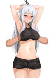 1girl absurdres armpits arms_behind_head arms_up bad_id bad_pixiv_id bdsm blush bondage bound bound_wrists grabbing_another&#039;s_breast breasts chain clenched_teeth denim denim_shorts covered_erect_nipples grabbing groping hand_under_clothes highres large_breasts long_hair midriff navel original oxxo_(dlengur) parted_lips red_eyes short_shorts shorts silver_hair simple_background solo_focus sweatdrop tank_top teeth thigh_gap white_background rating:Questionable score:118 user:danbooru