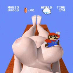  1boy 1girl 3d animated animated_gif blue_background bouncing_breasts breasts clothed_male_nude_female cloud commentary_request facial_hair fake_screenshot huge_breasts jumping lowres mario mario_(series) mustache nintendo nude popoporigon simple_background super_mario_bros._1 